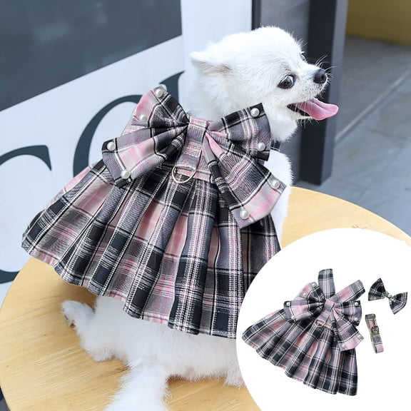 Stylish Plaid Print Dog Harness Dress with Bowknot for Small Dogs Comfortable Adjustable Pet Outfits for Indoor Outdoor Use