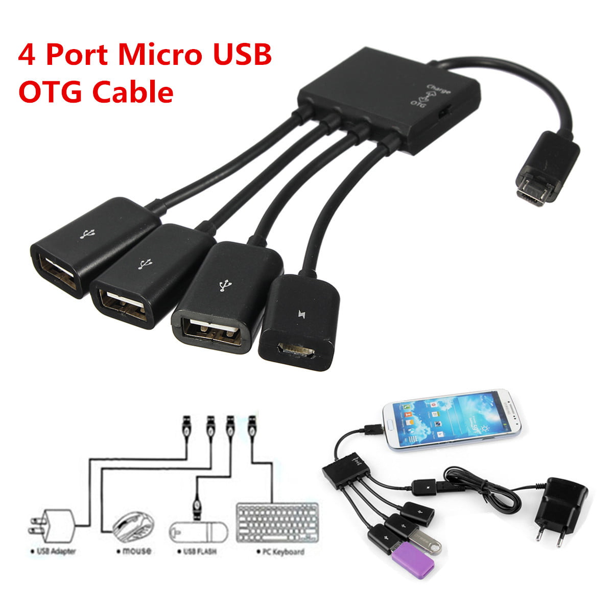 4 Puerto Micro Usb Otg Hub Carga Cable Adaptador Host lector de tarjetas para Android 