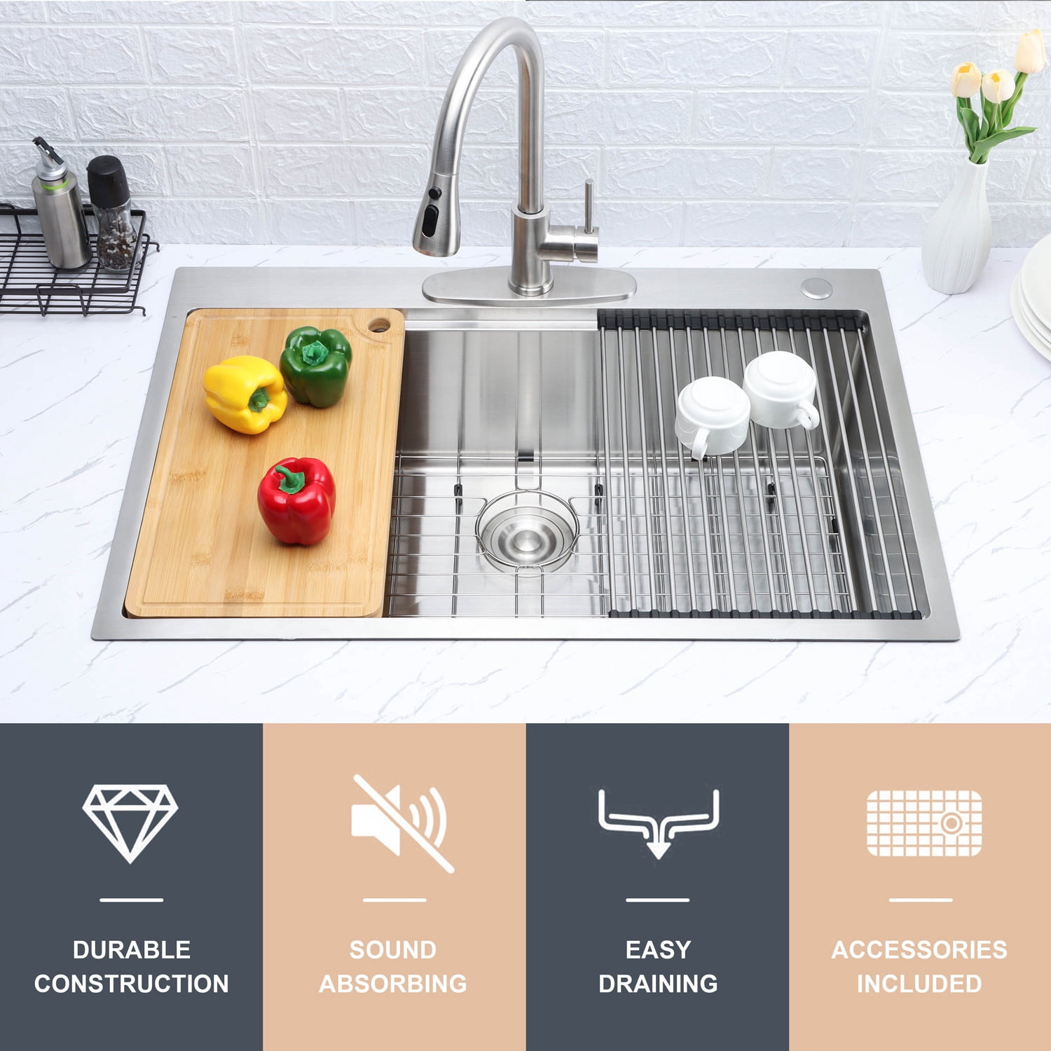 Coliware 33"X22" Workstation Kitchen Sink, 10 Deep Drop in Stainless Steel Topmount Single Bowl 2-Hole R10 Tight Radius Large Kitchen Sinks with Kit of 5 Accessories