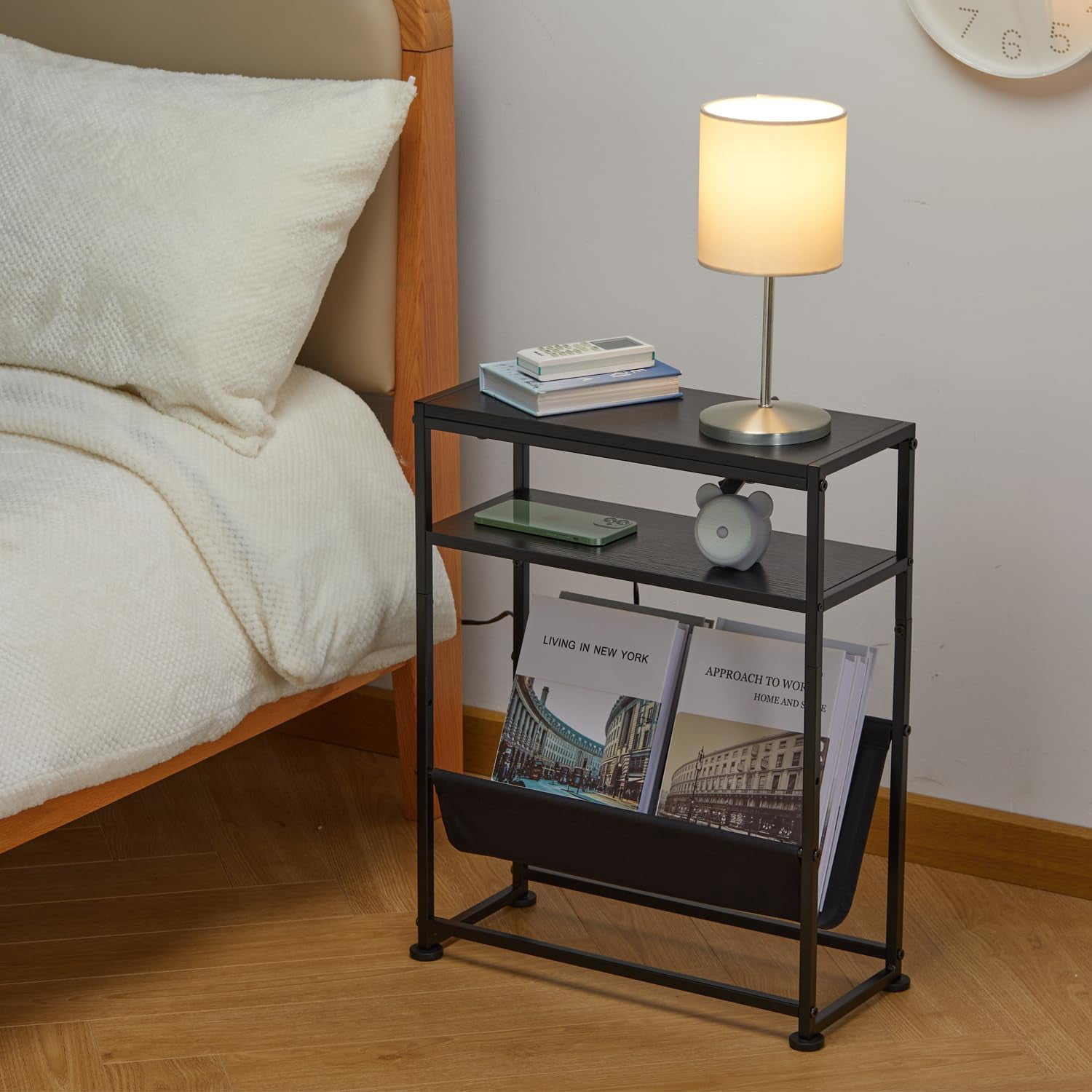 ZEXVIDA Narrow End Table for Small Spaces - Slim Side Table with Magazine Holder,2 in 1 Design Narrow End Table Living Room,Skinny Bedroom Nightstand Thin Side Magazine Table,Black