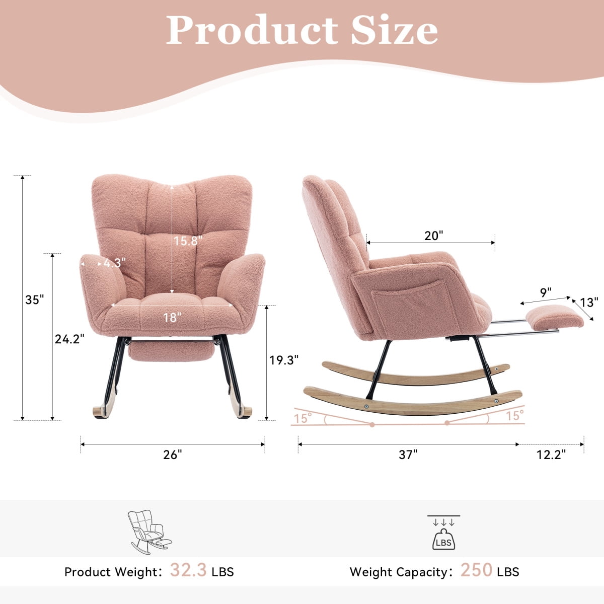 Nursery Rocking Chair Modern Armchair Upholstered Glider Rocking Chair Accent Chair with Retractable Footrest Reading Chair with High Backrest Solid Wood Base for Bedroom, White, Teddy