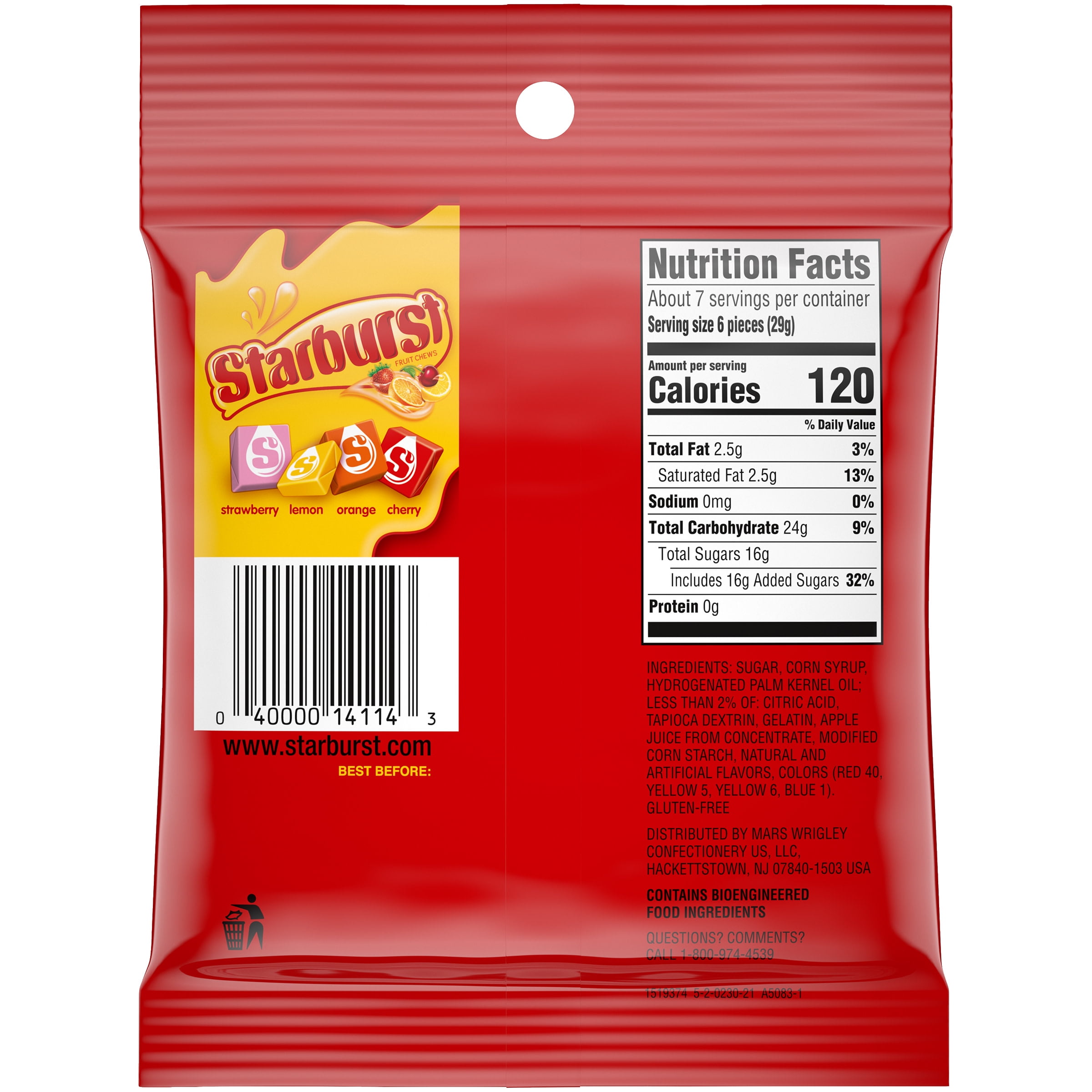 (6 pack) Starburst Fruit Chews Original Cherry, Orange, Strawberry & Lemon Gummy's, 7.20oz, Plastic Bag