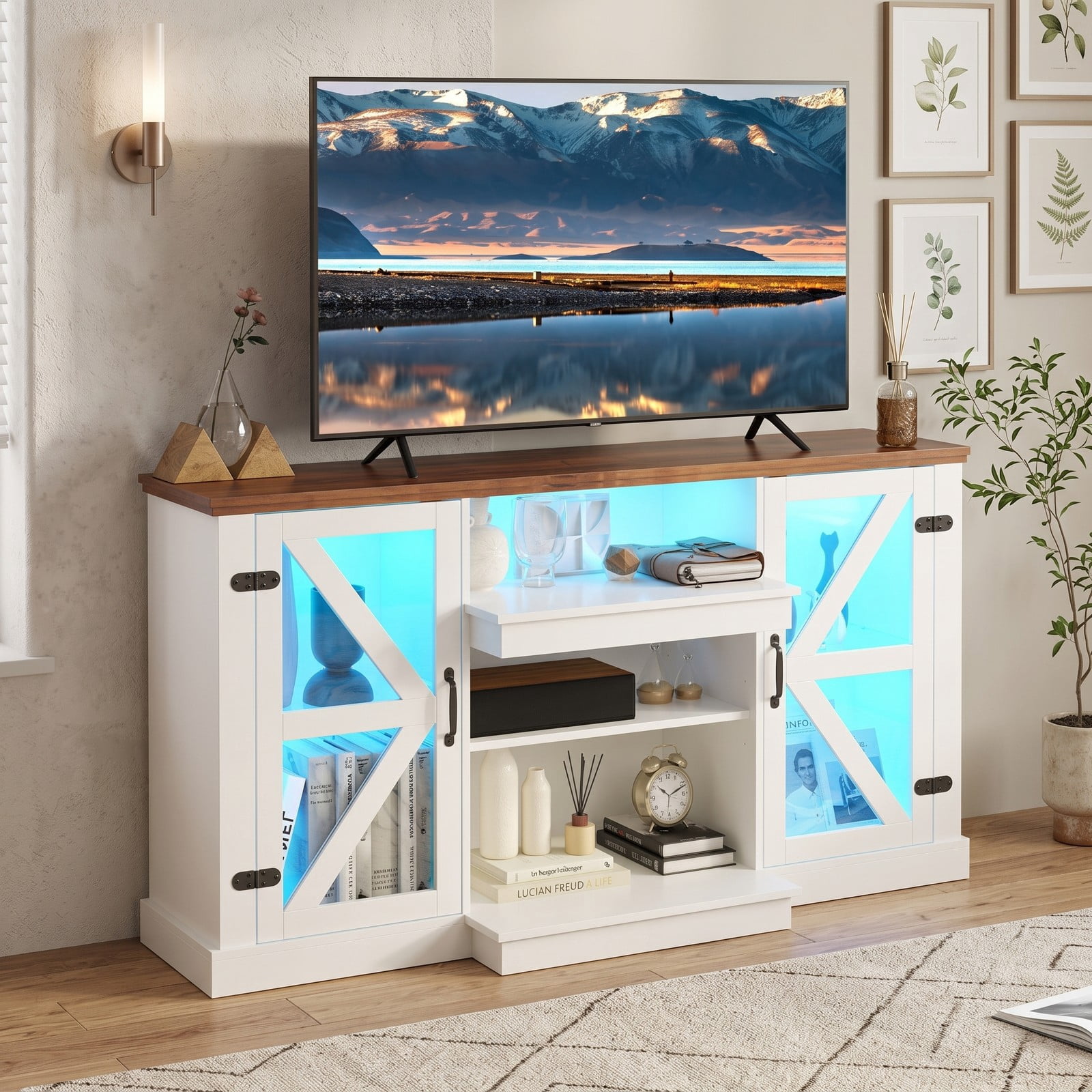 Furnibear 59 Inch LED Media Console Table, Modern TV Stand Entertainment Center with Tempered Glass Doors, 3-Level Adjustable Shelves, 22 Dynamic RGB Light, White