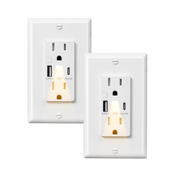 DEWENWILS USB Outlet with LED Night Light, 5V 4.8A Tamper-Resistant Wall Outlets with USB-A & USB-C Ports, Wall Plate for Kitchen, Bathroom, Office, White, 2 Pack
