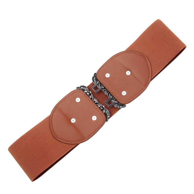 Wide Elastic Waist Belt | Vintage Brass Buckle | Adjustable Stretch Cinch Womens Wide Fabric Elastic Stretch Waist Faux Leather Brass  main image 4