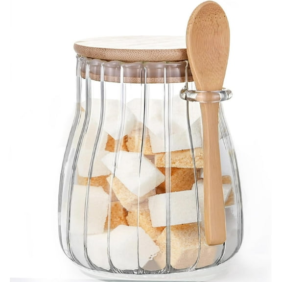 1pack 15oz Sugar Container with Bamboo Lid and Spoon,Sugar Bowl Glass Jar for Coffee Bar Accessories Coffee Canister Kitchen Decor