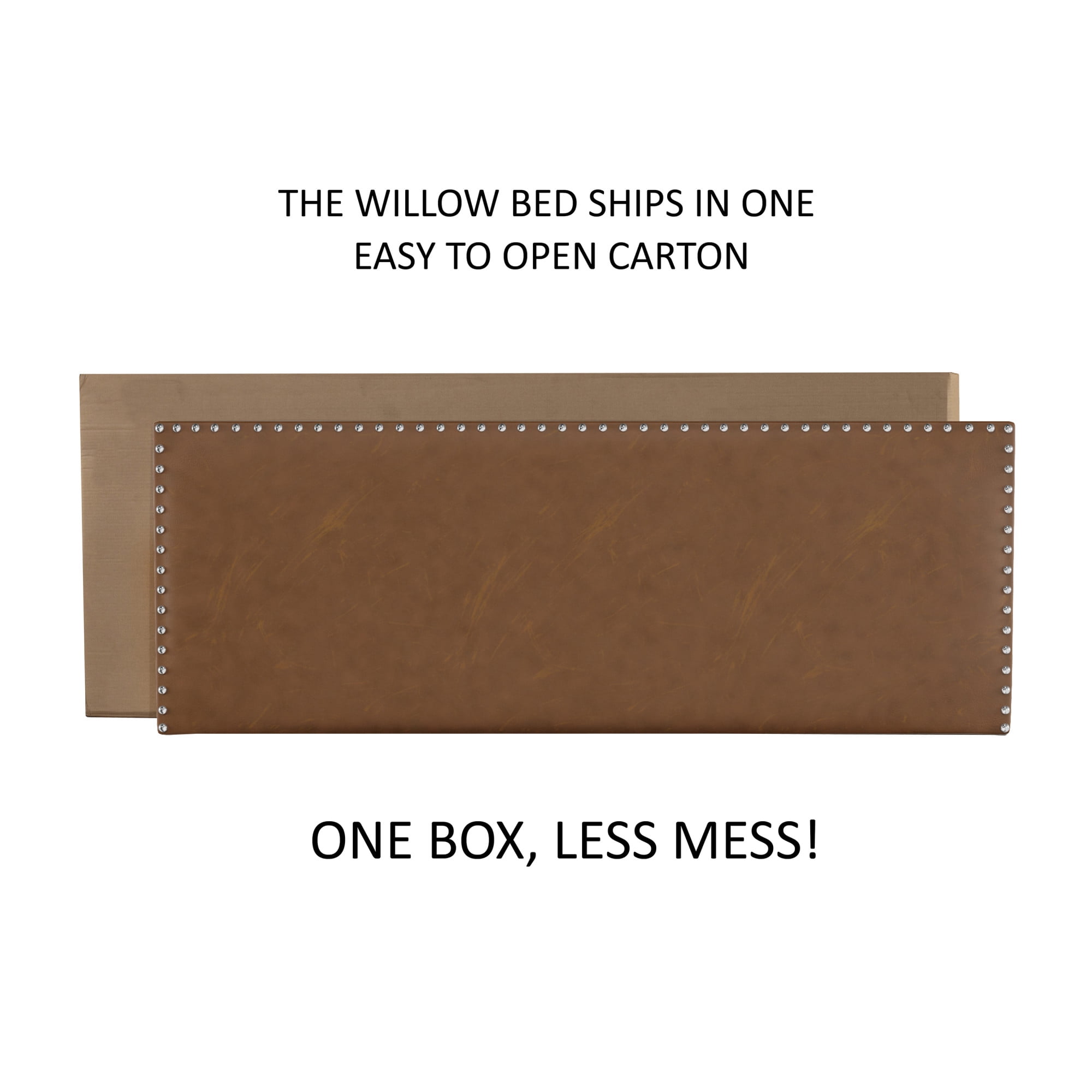 Willow Nailhead Trim Upholstered King Bed, Saddle Brown Faux Leather