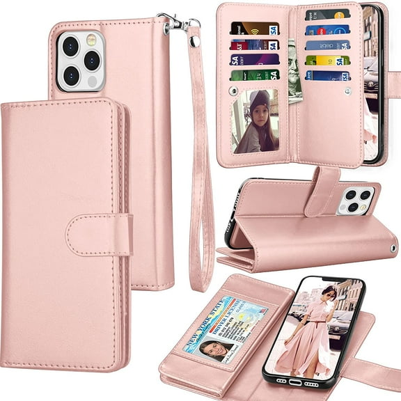 iPhone 13 Pro Case, iPhone 13 Pro Wallet Case, Tekcoo Luxury PU Leather Cash Credit Card Slots Holder Carrying Folio Flip Cover [Detachable Magnetic Hard Case] Kickstand [Rose Gold]