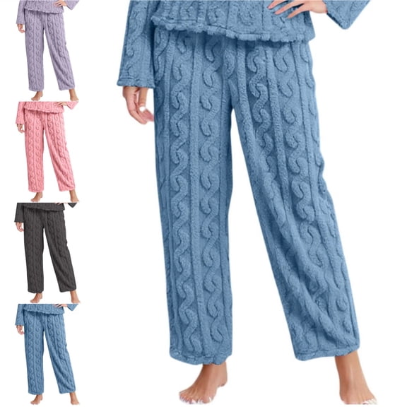 Sherpa Pajama Pants Women Soft Drawstring Elastic Waist Fluffy Pants Comfy Lounge Fleece Lined Sleepwear Bottoms Sky Blue Free