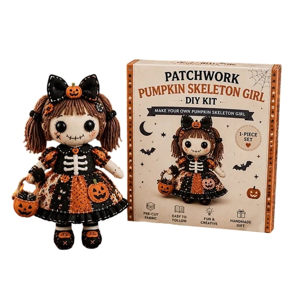 Patchwork Pumpkin Skeleton Girl Sewing Kit, Handmade Felt Doll Sewing Craft Set for Home Decor, Relaxing Arts and Crafts Gift for Adults Teens