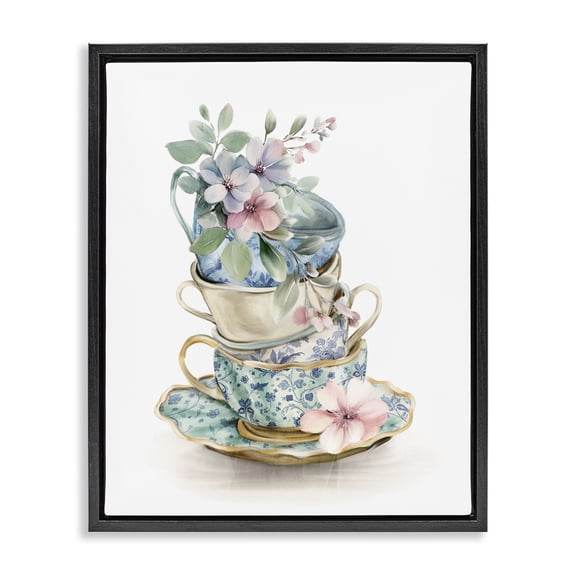 Stupell Industries Floral Teacup Chinoiserie Black Framed Floater Canvas Wall Art, design by Kim Allen