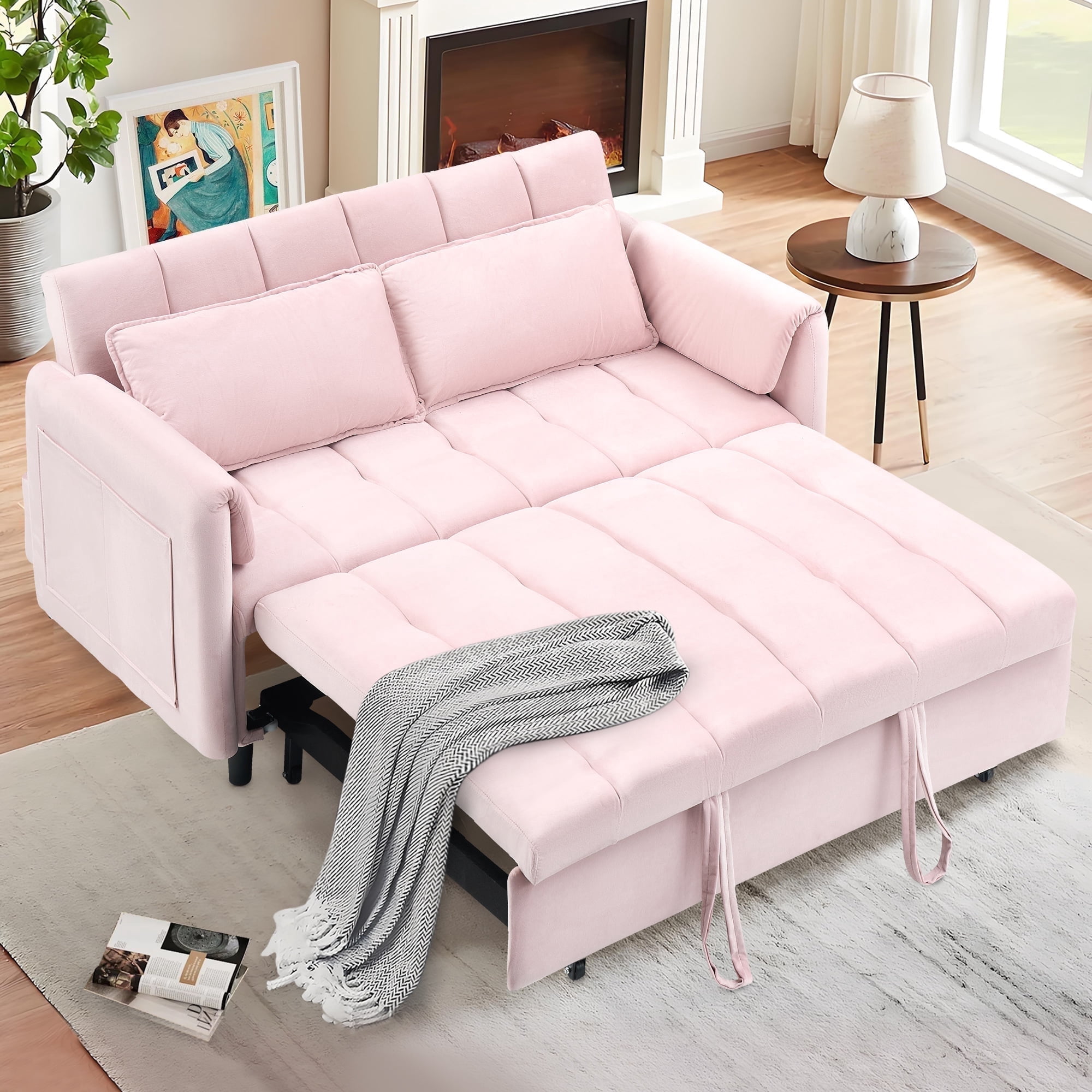 BedLuxury 53" Velvet Convertible Futon Sofa Bed, 3-in-1 Loveseat Sleeper Sofa with Pull Out Bed & Adjustable Backrest for Living Room or Office, Pink