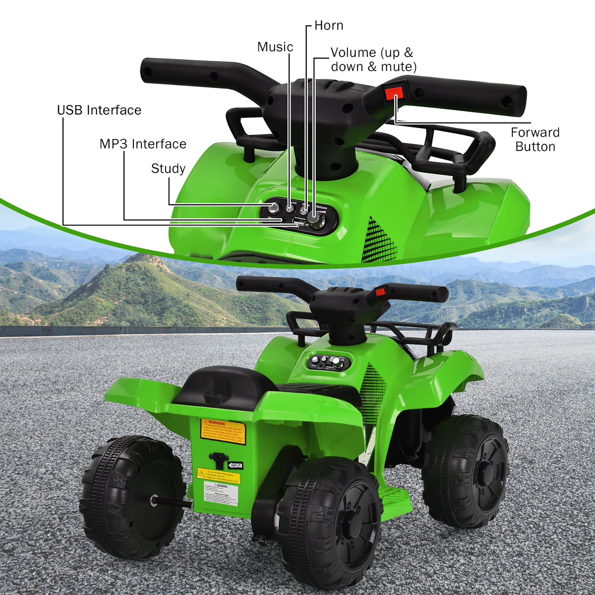 Costway 6V Kids ATV Quad Electric Ride On Car Toy Toddler with LED Light MP3 Green