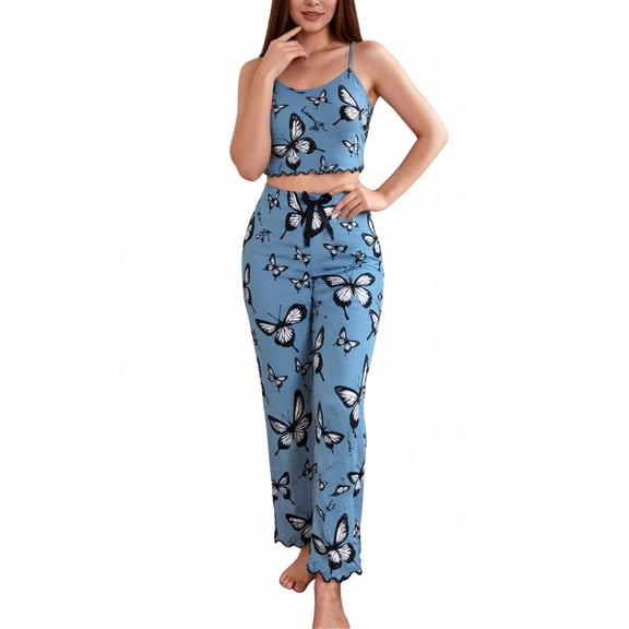 Gkeoshab Womens Pajama Sets Women's 2026 Summer Ribbed Two Piece Loungewear Heart Print Cami Top & Wide Leg Pants Set Casual Comfortable Outfit