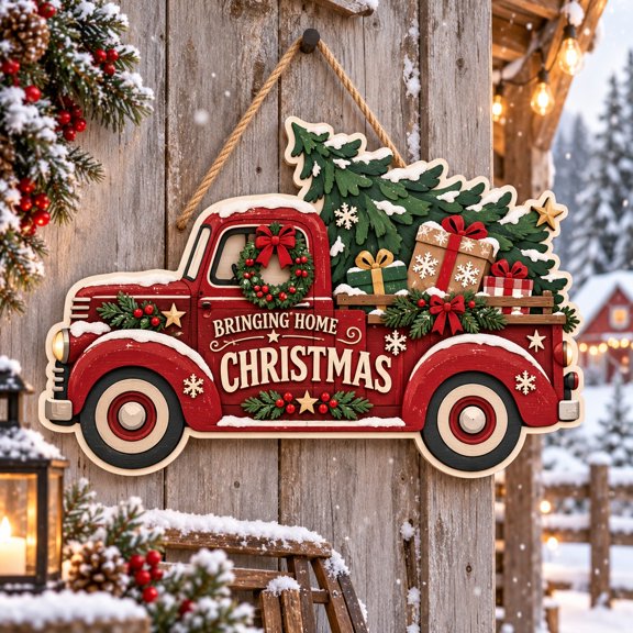 Vintage Christmas Wooden Sign With Bringing Home Christmas Truck