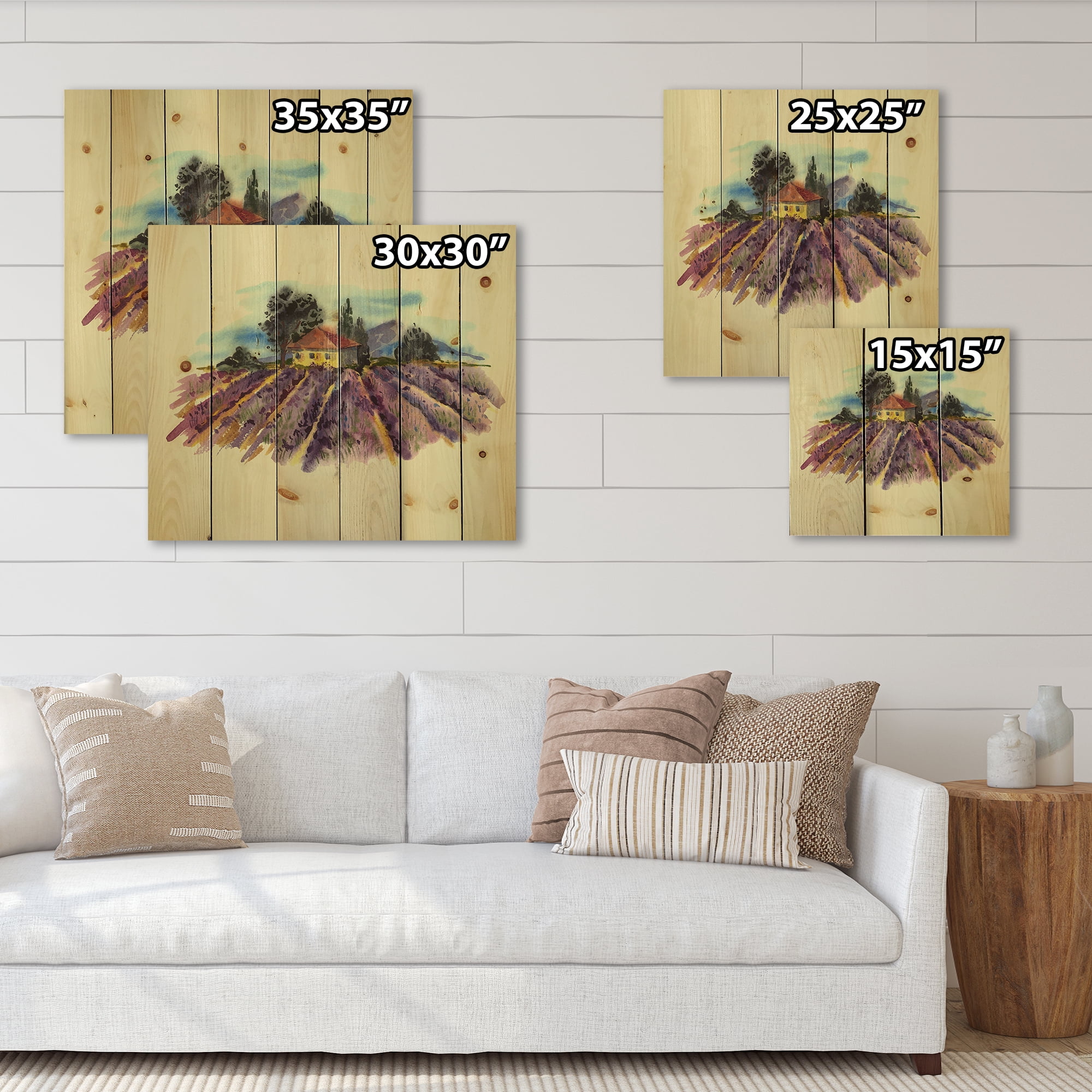 Designart 'Landscape With Blooming Lavender and Village House' Traditional Print on Natural Pine Wood