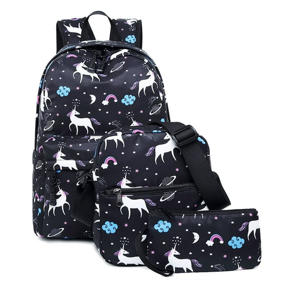 Backpacks School Casual Canvas School Backpack + Cool Bag + Pencil Case for Girls / Women - Black Unicorn