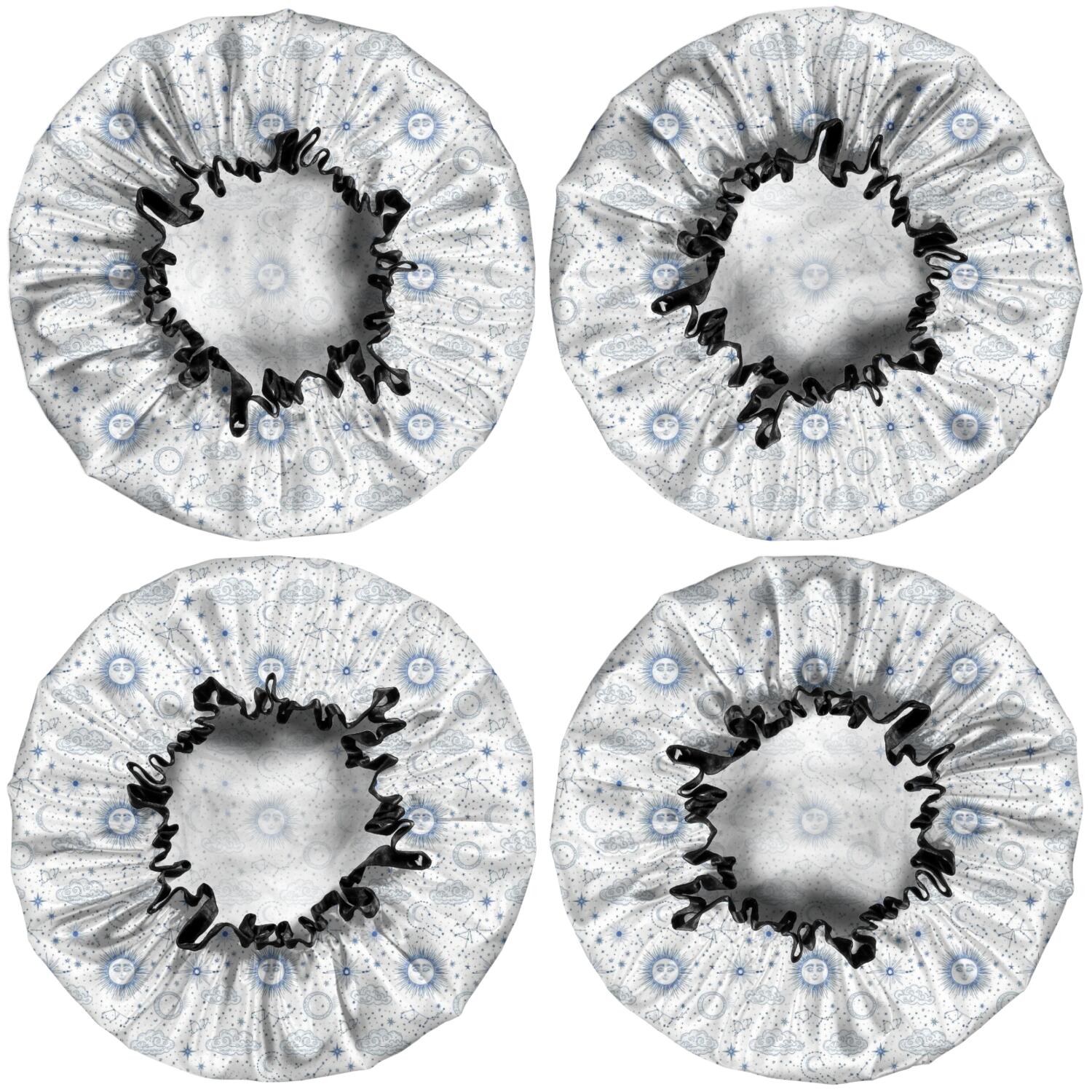 Shower Caps,White Blue Sun Moon Cloud Star Pattern Waterproof Shower Cap for Women 4 Pieces,Double Reusable Hair Cover for Shower PEVA Elastic Stretch Hem
