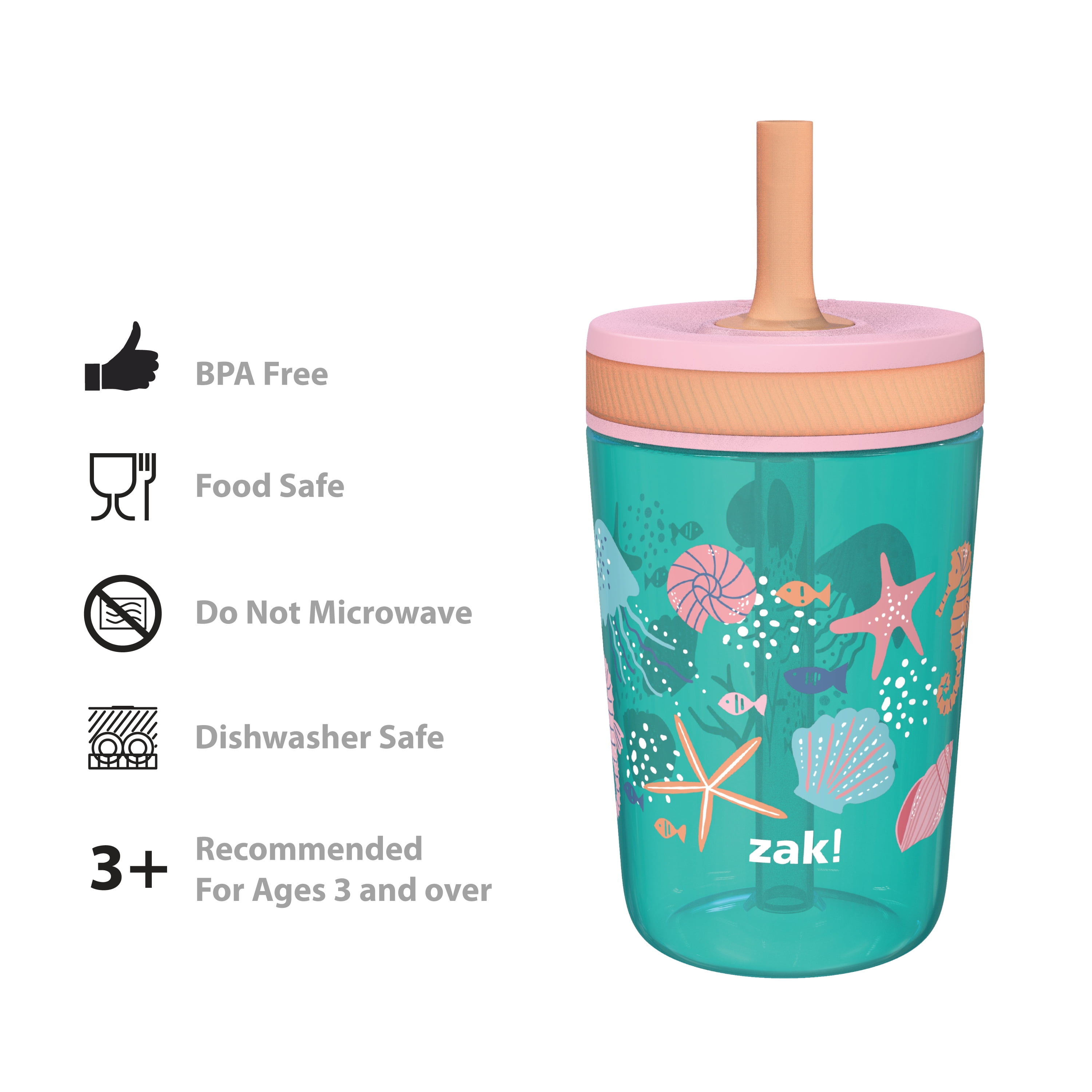 Zak Designs 15 oz Travel Straw Tumbler Plastic and Silicone with Leak-Proof Straw Valve for Kids, 2-Pack Shells, Size: 15 fl oz, Green