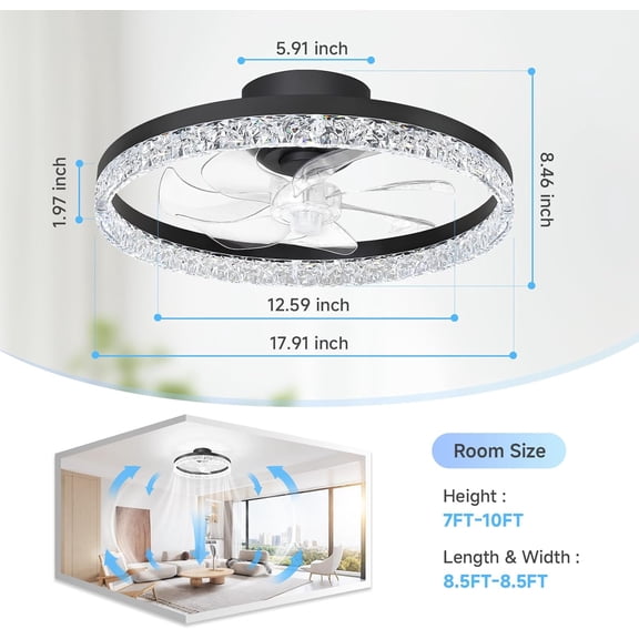 Ceiling Fan with Light and Remote, Low  Flush Mount  Fandelier, Modern 6 Speeds Quiet Reversible, 2800-6500K Dimmable LED, Timer Fan Light for Bedroom Living Room Kitchen