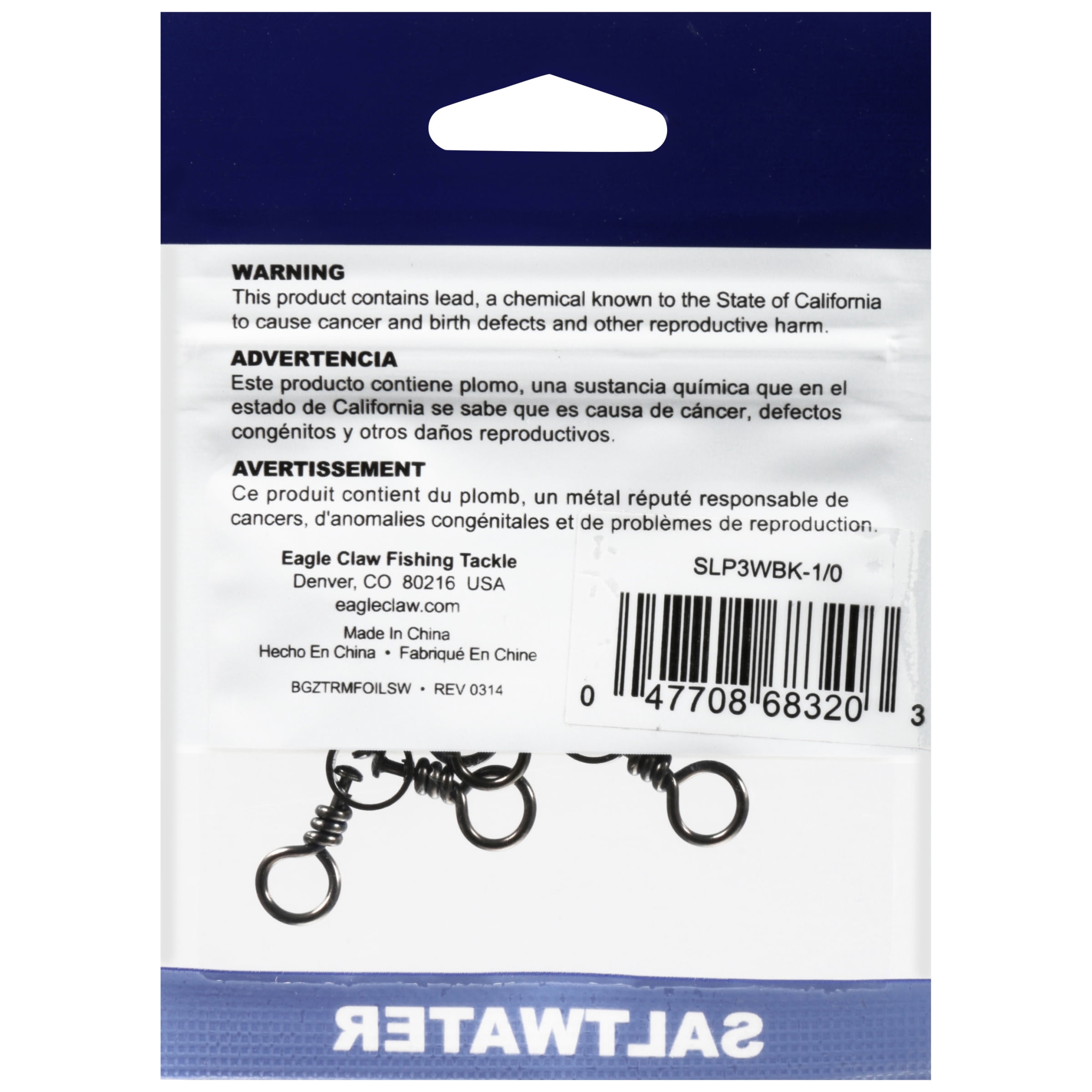 Eagle Claw Fishing, SLP3WBK-1/0 Lazer Sharp Saltwater 3-Way Swivel