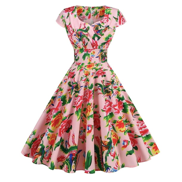 WILLBEST Vestidos Casuales para Mujer Verano Vestido de Fiesta Informal con Cuello En V y Manga Corta de Los Años 50 para Mujer Grande
