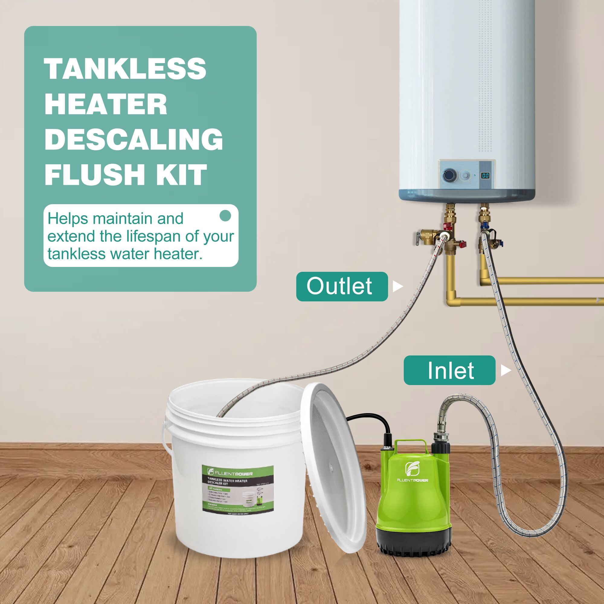 FLUENTPOWER Tankless Water Heater Descaling Flush Kit, Includes 1/4HP Submersible Utility Water Pump with Adapters, 4 Gallon Pail with Bucket Lid Opener, Two 3/4"GHT x 6' Stainless Steel Hoses