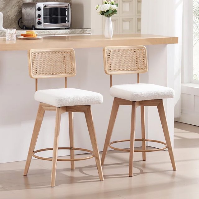 Zesthouse 26.2" Rattan Counter Stools Set of 2, Swivel Sherpa Counter Height Bar Stools with Cane Back and Wooden Legs, Mid Century Barstools for Kitchen Island, White