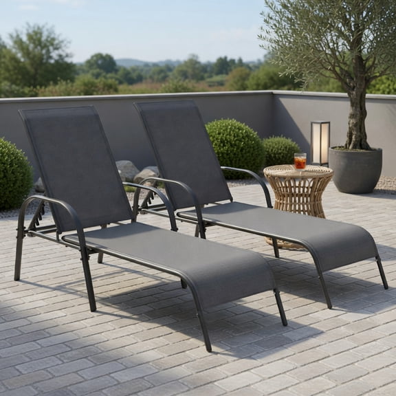 2-Pack Adjustable Outdoor Chaise Lounge Chairs – Heavy-Duty Steel Frame, Sun-Resistant Fabric, 5-Position Reclining Backrest – Dark Gray, Black, Brown, Navy
