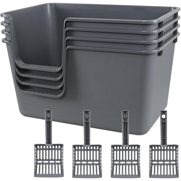 4 Sets Extra Large Litter Boxes for Big Cats Dogs with Scoops, Open Top Cat Litter Basin, 12.8 Inch High Sides Pet Litter Container, Grey