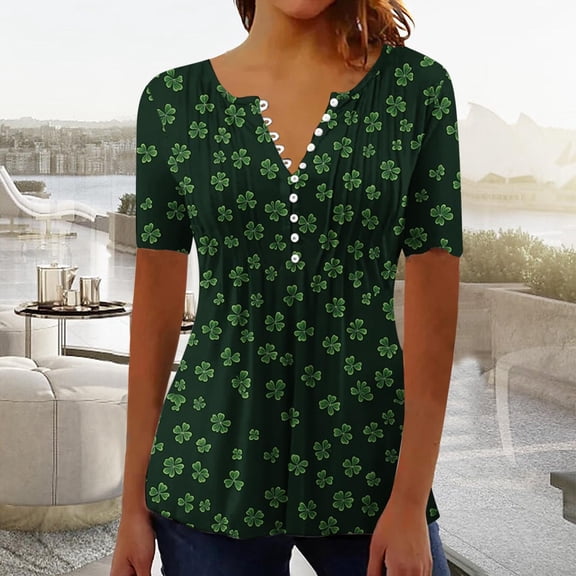 QETYUW Women's St Patrick's Day T-Shirt Short Sleeve V Neck Pleated Tunic Tops Plus Size Button Up Shirts Casual Green Tshirts