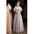 thumbnail image 2 of DongCMY, vestido largo de lujo de verano para mujer, vestido informal de princesa de fiesta de cintura alta, escote barco, vestido de gasa gris claro con plumas, 2 of 5