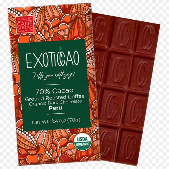 EXOTICCAO 8 Pack Ground Roasted Coffee Organic Dark ChocolateBars|Low Sugar|Gluten-Free, Vegan, Kosher, Non GMO,Dairy free, Soy Free| 70% Cacao| 2.47 oz Each