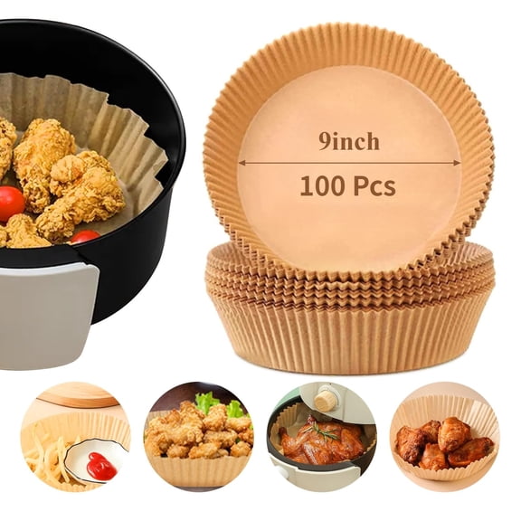 100 Pcs Air Fryer Disposable Paper Liner, Non-stick Air Fryer Liners, Round Parchment Paper for Cooking Baking Oil Proof Microwave Roasting Food Grade Easy Cleanup (9 Inch)