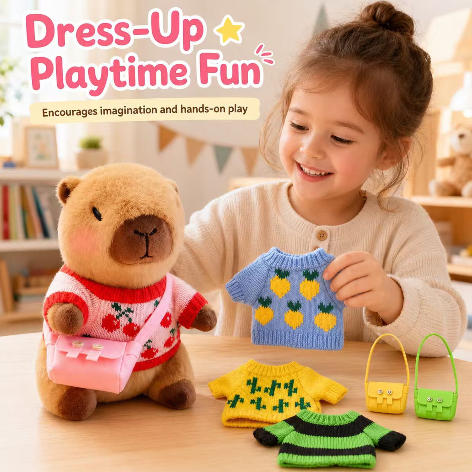 10.2 Inch Capybara Plush with 9 Clothes & Accessories, Dress-Up Capybara Stuffed Animal with 4 Sweaters, 2 Hats & 3 Bags, Cute Plush Toy Gift for Girls Boys Kids Birthday Christmas