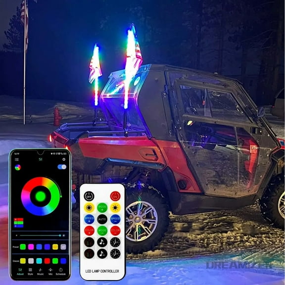 2PCS 2FT Bluetooth And Remote Control Spiral LED Whip Lights Lighted Antenna Whips for ATV Polaris RZR