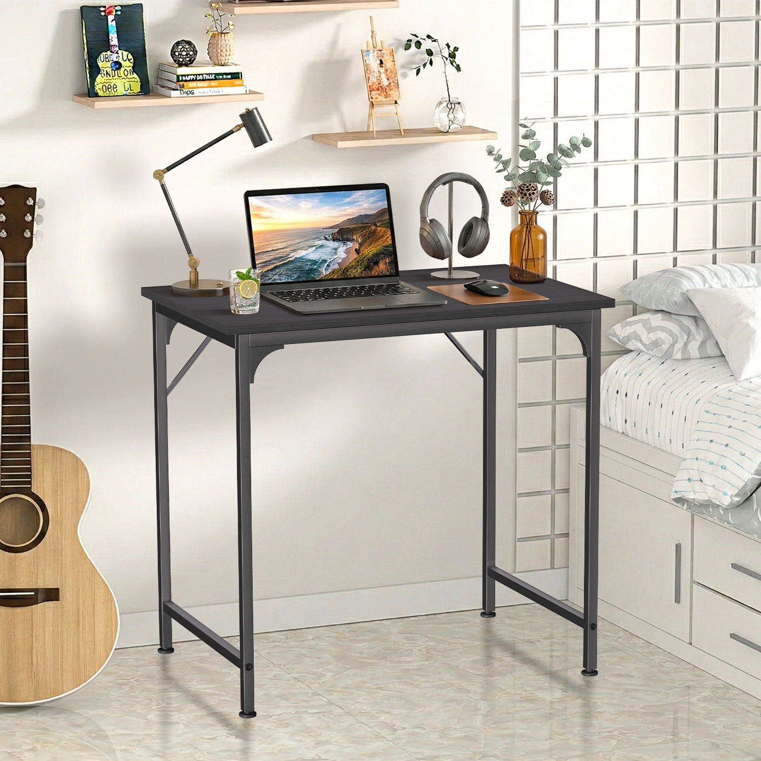 32 inch Computer Desk, Study Writing Table for Small Space, Save Space Office Desk with Metal Legs, Modern Steel Frame Wood PC Workstation for Home Office, Black