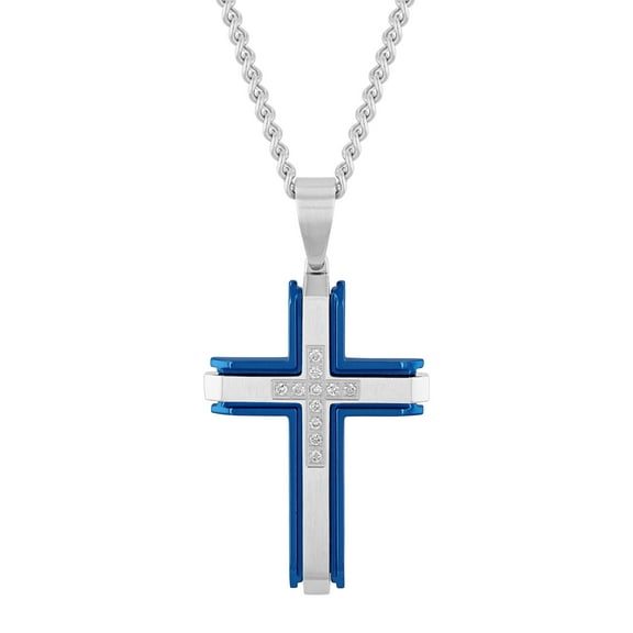 Mens 1/4 ctw Lab-Grown Diamond Two-Tone Stainless Steel Cross Pendant Necklace