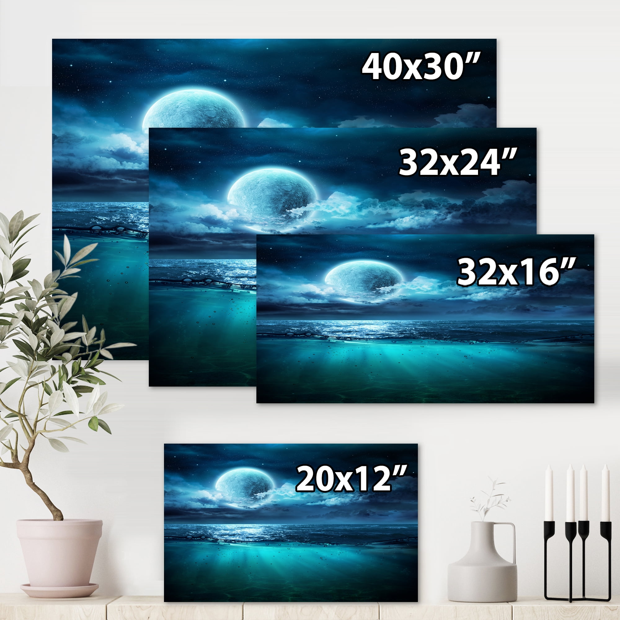Romantic Moon and Clouds Over Deep Blue Sea II 8 in x 12 in Photography Canvas Art Print, by Designart
