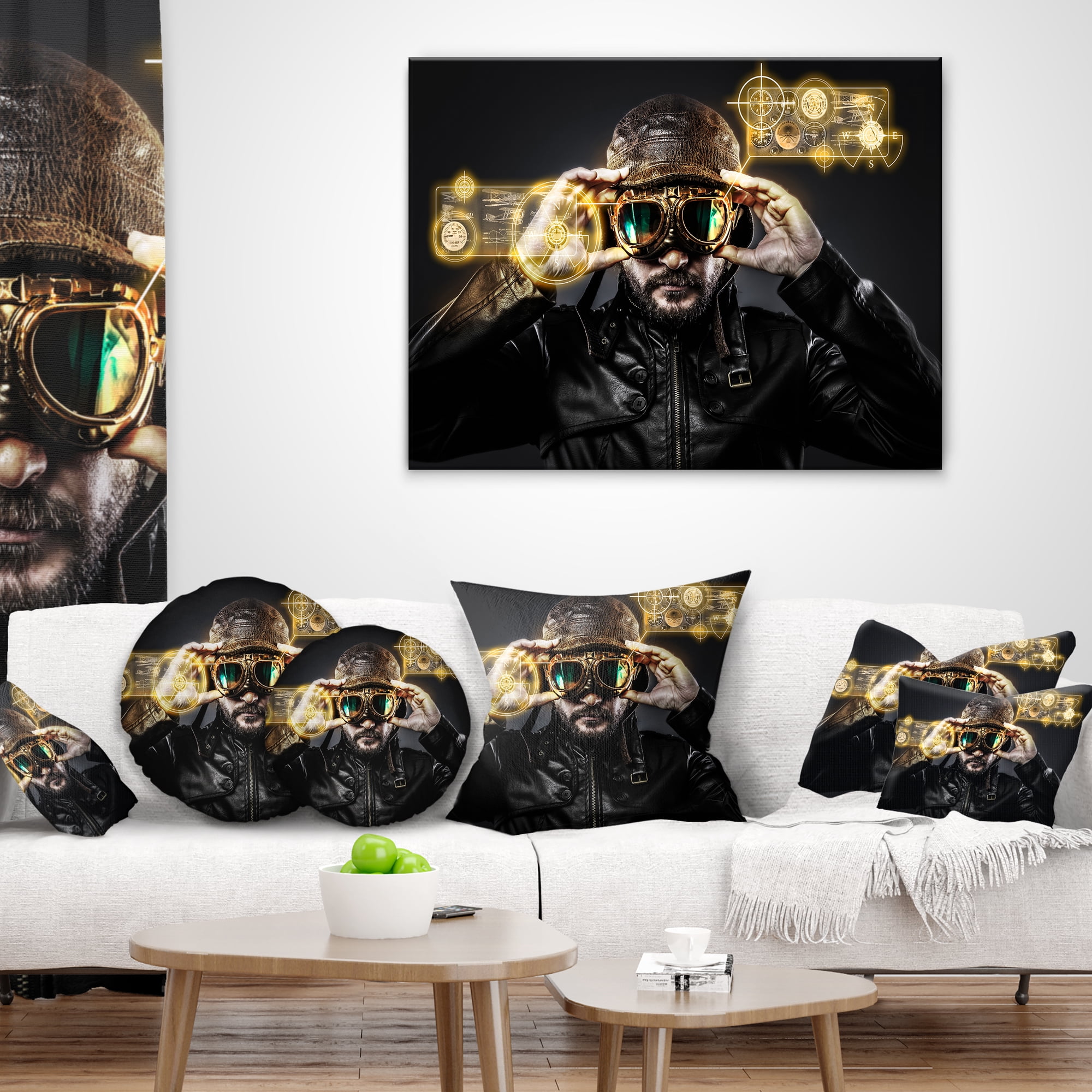 Designart Fighter Pilot with Hat and Glasses - Abstract Portrait Throw Pillow - 16x16