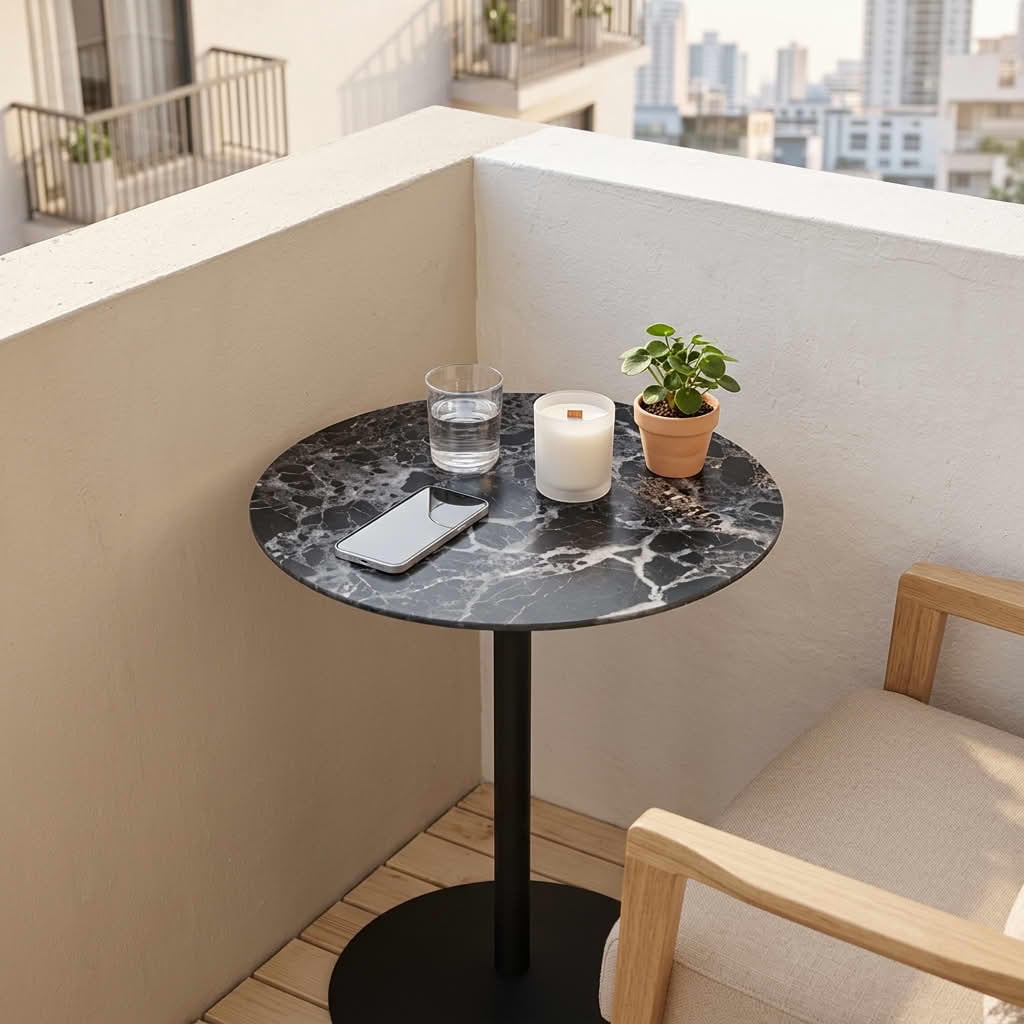 MAYEERTY 17.5 Inch Small Round Tulip Side Table, Marble Textured Glass Top, Sturdy Steel Base for Living Room & Bedroom
