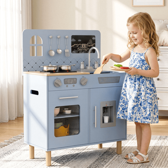 Arlopu Kids Play Kitchen, Ultimate Interactive Wooden Kitchen Playset with Chalkboard, Sink, Water Dispenser, 6 Pcs Cookware & Knob Sounds