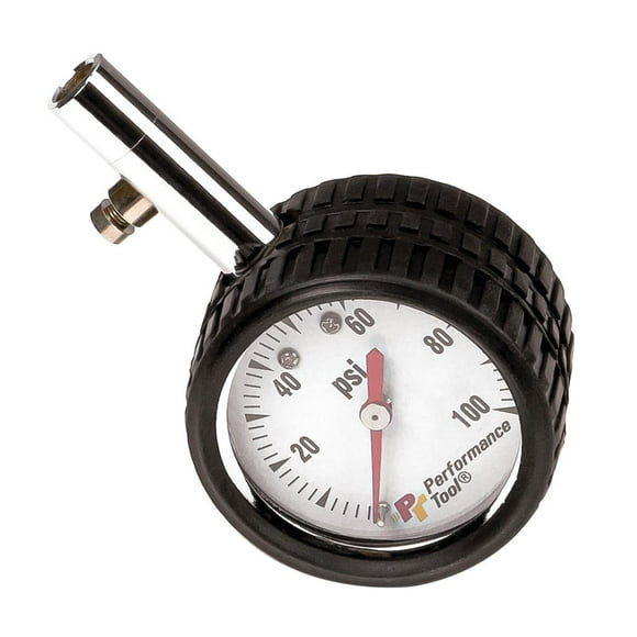 Performance Tool Tire Pressure Gauge W1450 2 Inch Round; 1-100 Pounds Per Square Inch PSI; White Face; With Bleeder Valve