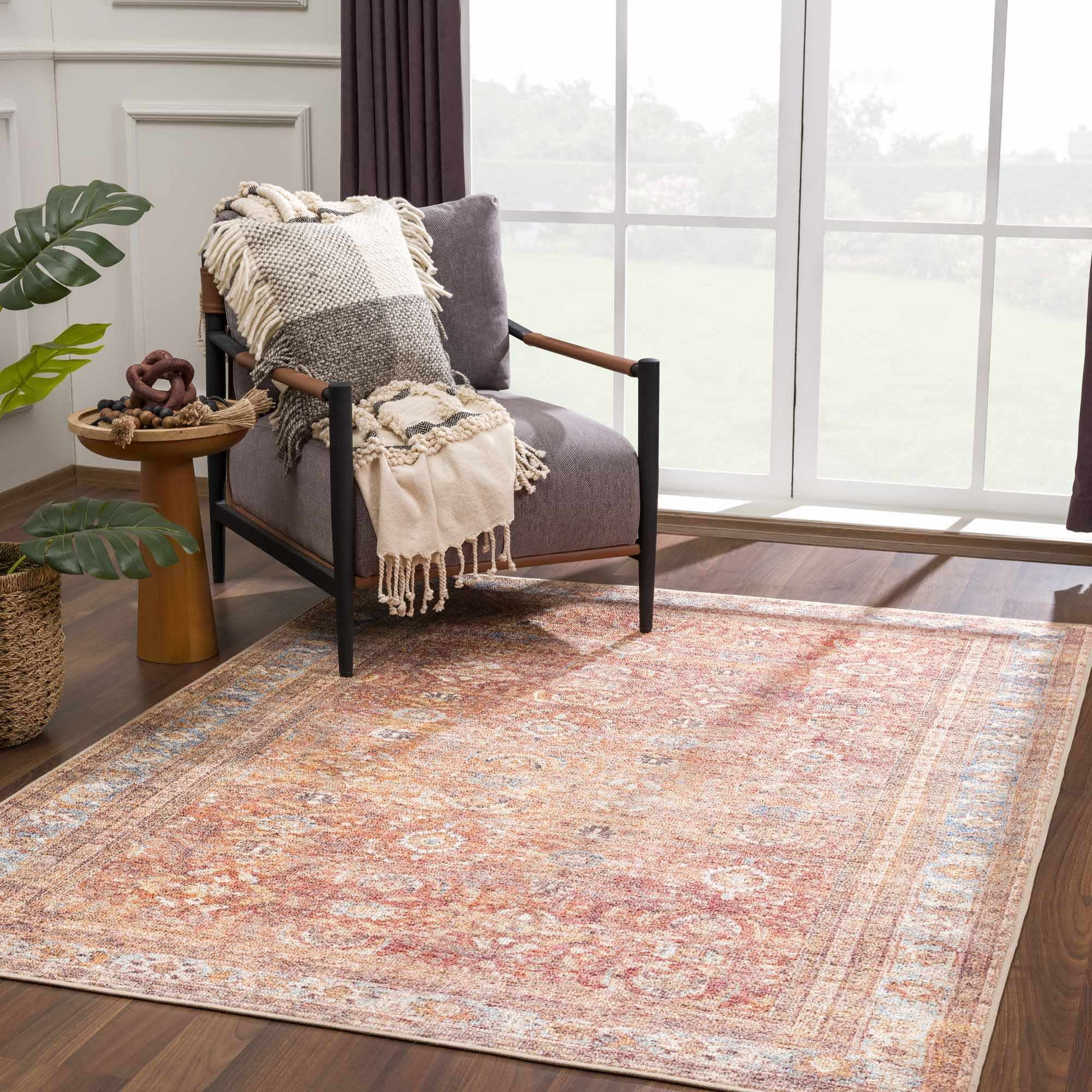 BoutiqueRugs Anshu Farmhouse Area Rug - Machine Washable - Burgundy, Blue, Beige - 5'3" x 7'