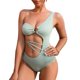 thumbnail image 1 of Traje de baño para mujer, anillos de un solo hombro, cintura unida, correas huecas, traje de baño de una pieza para uso de verano, verde claro L, 1 of 8