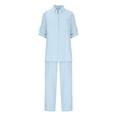 thumbnail image 5 of YUGYXL Women's 2 Piece Set Summer Linen Vacation Outfits Fashion Button Lapel Half Sleeve Shirts and Wide Leg Pants Casual Loungewear Outfits Fall Savings Light Blue,S, 5 of 8