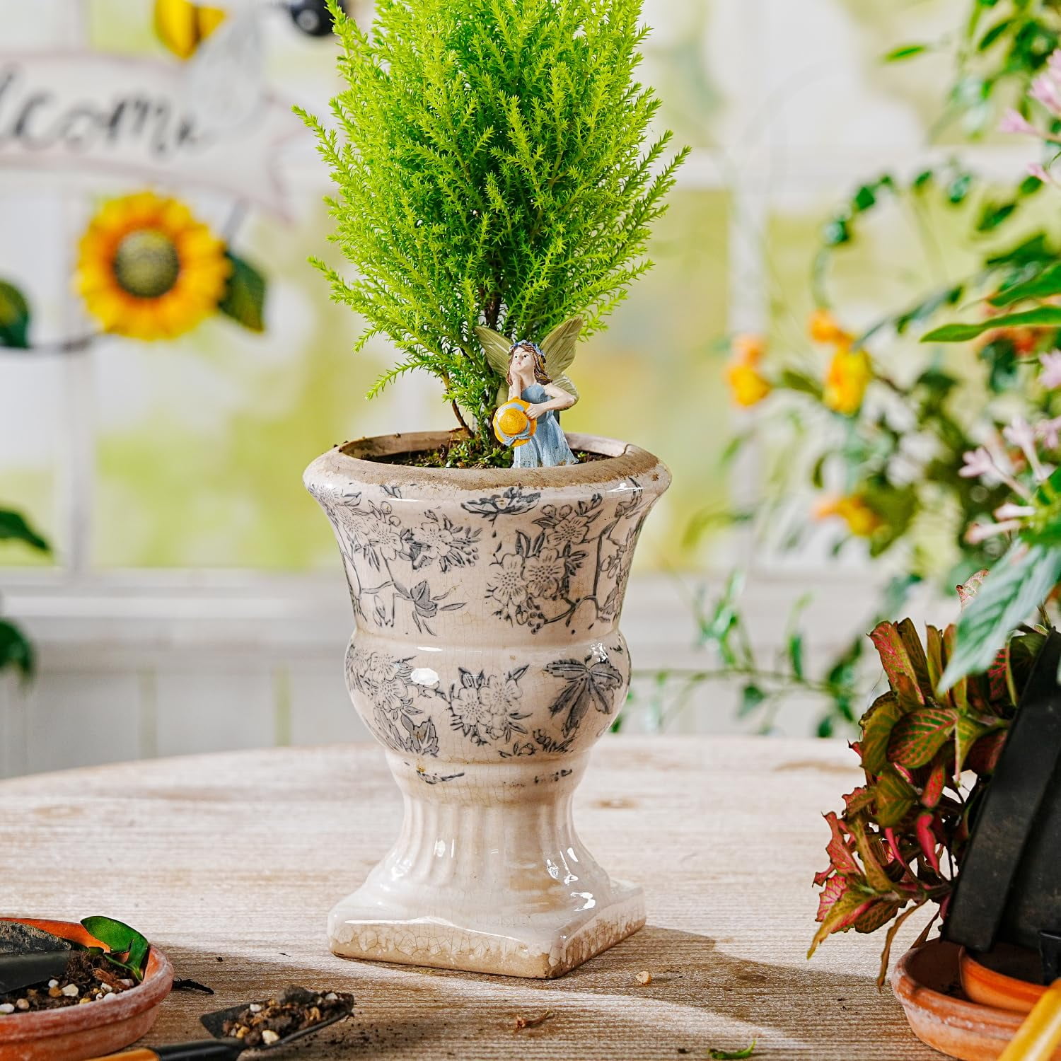 Sungmor Small Ceramic Urn Planter - Grey Scroll Floral Pedestal Flower Pot, Decorative Vintage Chinoiserie Style Planters, Tuscan Accent Vase Indoor Outdoor Plant Holder with Drainage