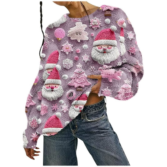 Aboser Christmas Sweatshirts for Women Plus Size Fuzzy Fleece Sweaters 3D Santa Claus Graphic Shirts Warm Casual Crewneck Pullover Cozy Soft Holiday Tops