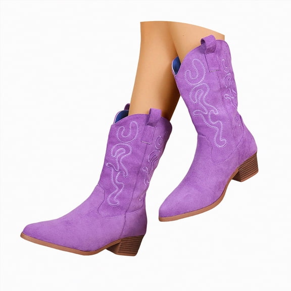 UngA Women's Cowboy Boots Mid Calf Fashion Cowgirl Boots with Embroidery Western Snip Toe Purple,Size 7.5