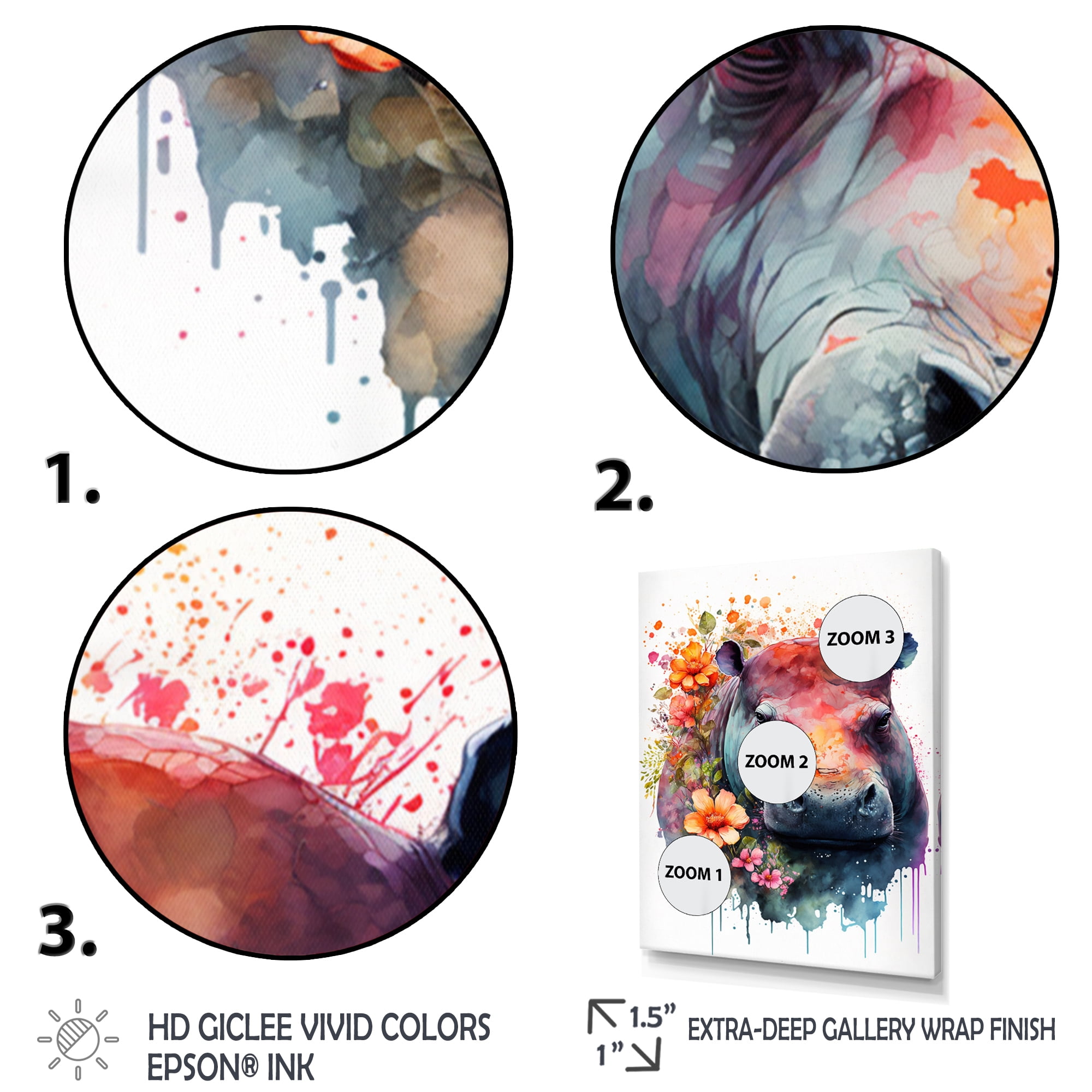 Designart Cute Hippo Floral Art Canvas Wall Art